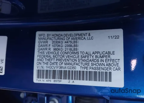 2022 Honda Accord Sport из США, поврежденный, VIN 1HGCV1F38NA102350